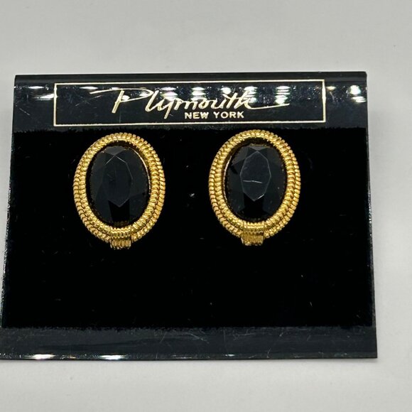 Vintage 80s  Black Acrylic Oval Post Earrings Plymouth New York Gold Rope Border - Picture 3 of 13